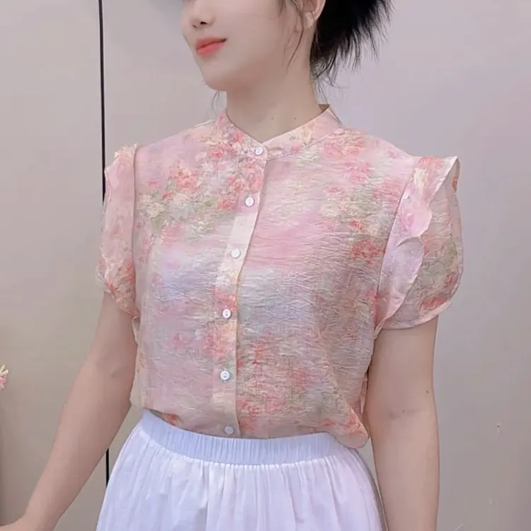 碎花荷叶边短袖雪纺衬衫女2025夏季新款法式慵懒松弛感棉麻上衣