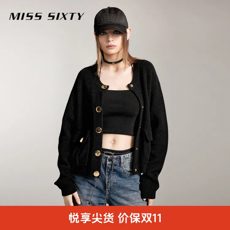 Miss Sixty绵羊毛针织外套女圆领短款简约小香风毛衣