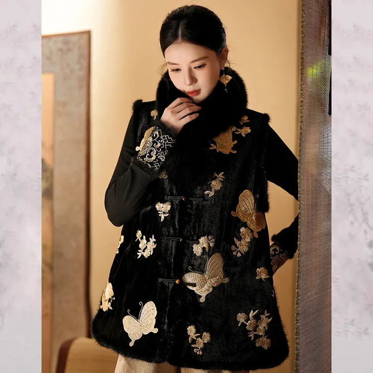 【金蝶】冬季新中式国风叠穿马甲外穿冬夹棉水貂毛外套新中式上衣