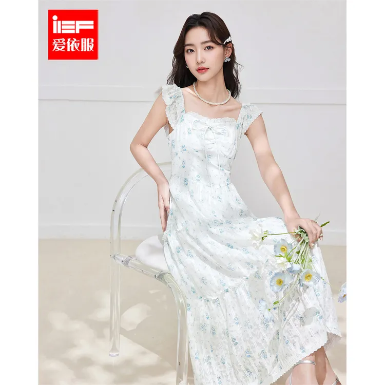 IEF/爱依服2025新款夏季碎花小飞袖法式方领公主背心长裙流光风