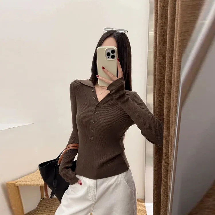 韩系氛围感长袖修身显瘦针织衫女2025秋装翻领设计感洋气百搭上衣