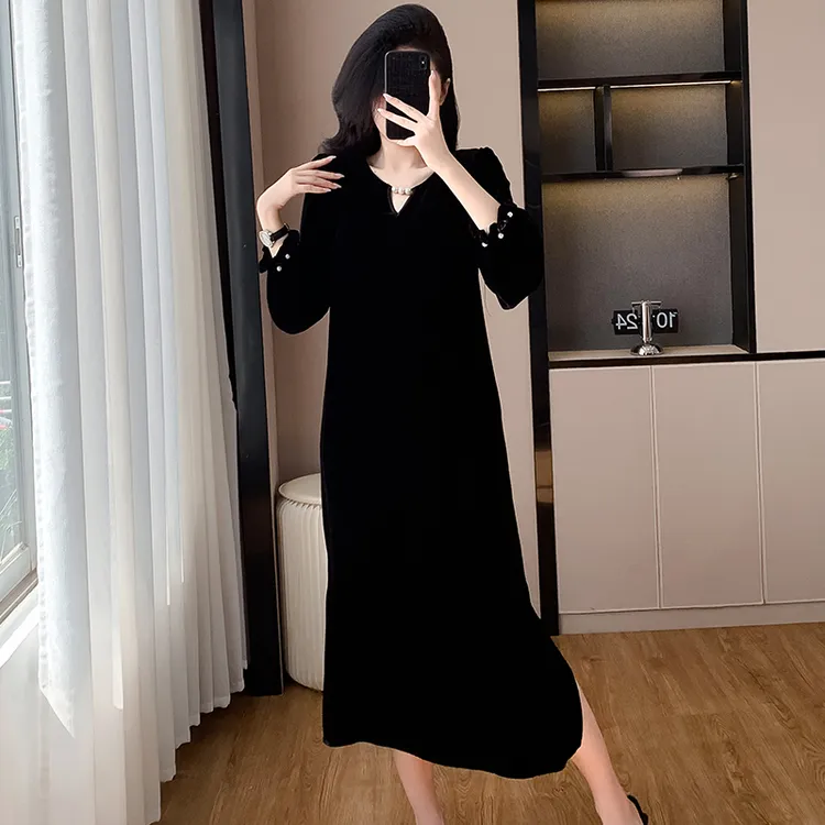 【有口袋】大码轻奢显瘦赫本风长裙高级感时尚优雅丝绒连衣裙9718