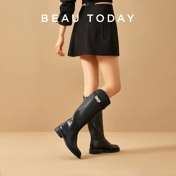 BeauToday牛皮时尚简约女士光面飒爽骑士靴秀气时装黑色长筒靴