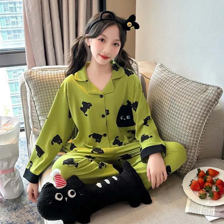 儿童睡衣女童长袖纯棉春秋季女孩套装中大童卡通可爱小黑猫家居服