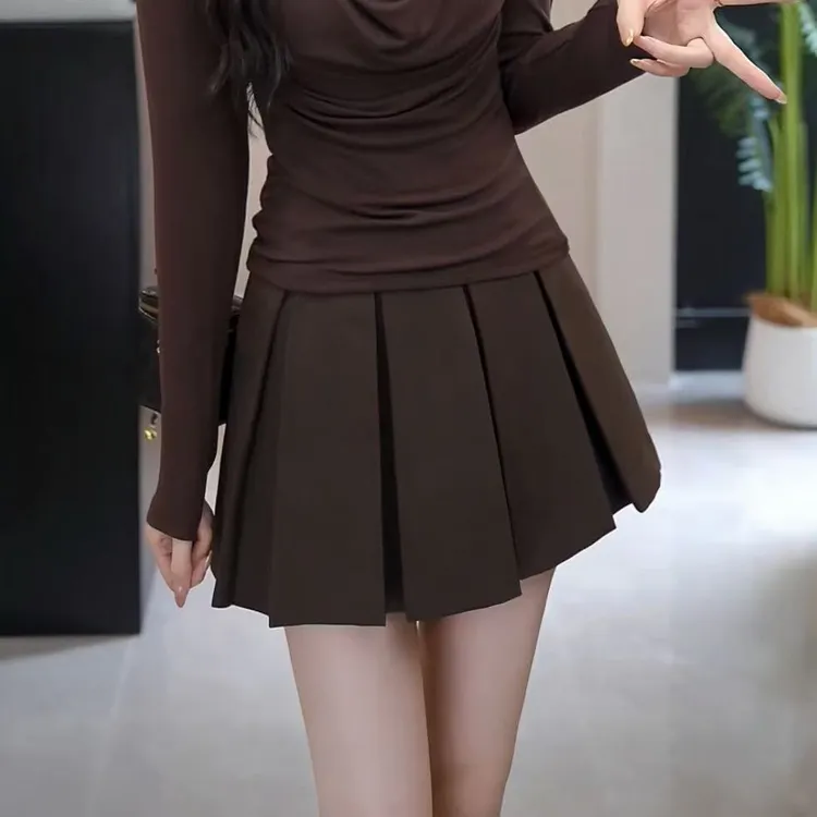 YUANLIANSU/圆脸酥【千岛茶色】设计感高腰显瘦百褶半身裙女装秋季