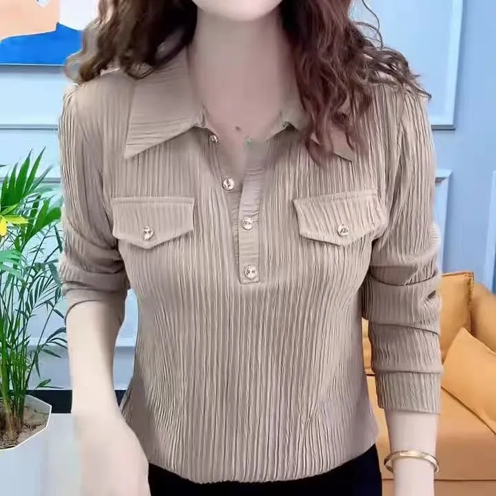 成人2025春季款翻领洋气长袖t恤女衬衫翻领上衣显瘦打底小衫