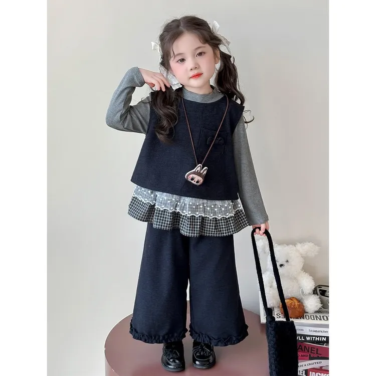 安踏劲道纱女童洋气小香风春秋季森系牛仔套装女宝宝2025新款韩版