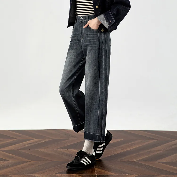 翻边烟管牛仔裤女2025秋季新款显瘦百搭女士遮胯窄版直筒裤九分裤