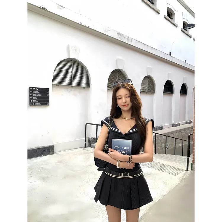 海岸线 夏季新款纯欲学院风蝴蝶结水手领减龄短裙甜美可爱连衣裙