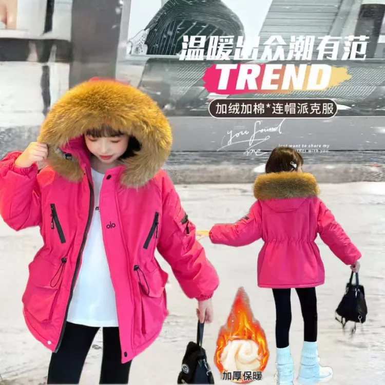 女童2025新款加绒加厚派克服中大童冬季毛领连帽外套冲锋衣棉服潮