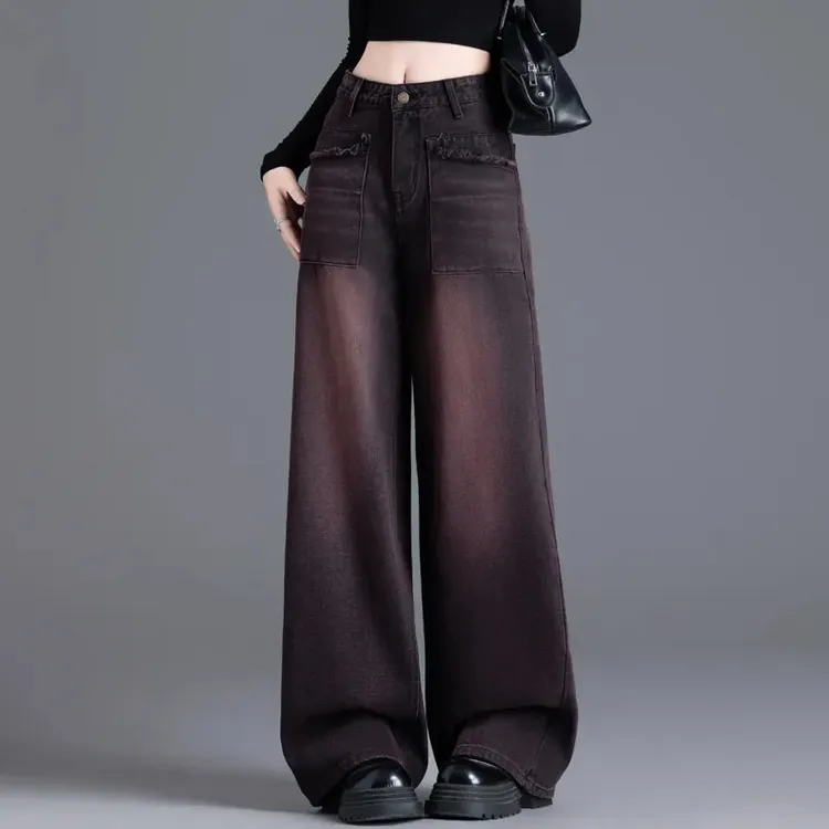 美式加绒黑红色直筒牛仔裤新款2025秋冬宽松高腰显瘦垂感拖地阔腿