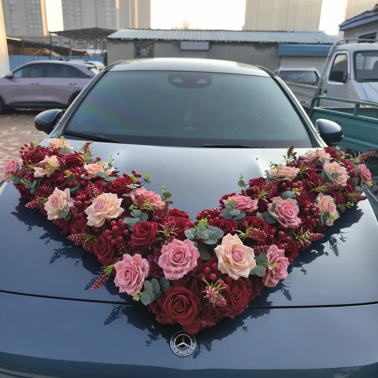 婚车大V头花装饰车头真花吸盘分体式设计结婚花车布置花艺