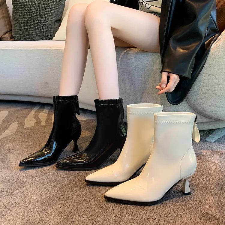 【诺一家加宽加肥大码女鞋】法式尖头高跟马丁靴秋冬瘦瘦靴细跟短靴