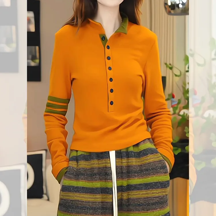 设计感百搭套头上衣秋冬新款胖MM大码女装撞色半开领纽扣长袖T恤