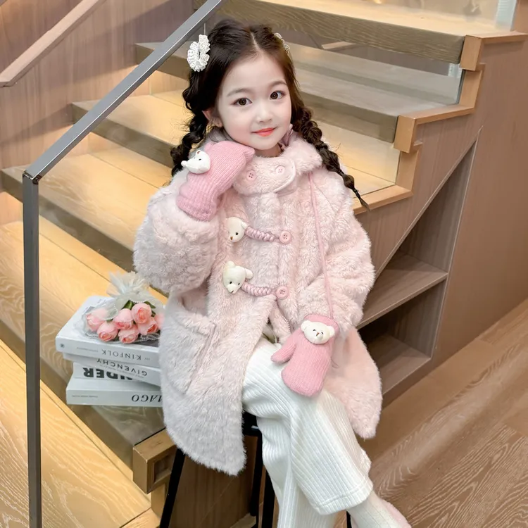 女童加绒外套秋冬款皮毛一体2025新款儿童加厚大衣宝宝冬装毛毛衣