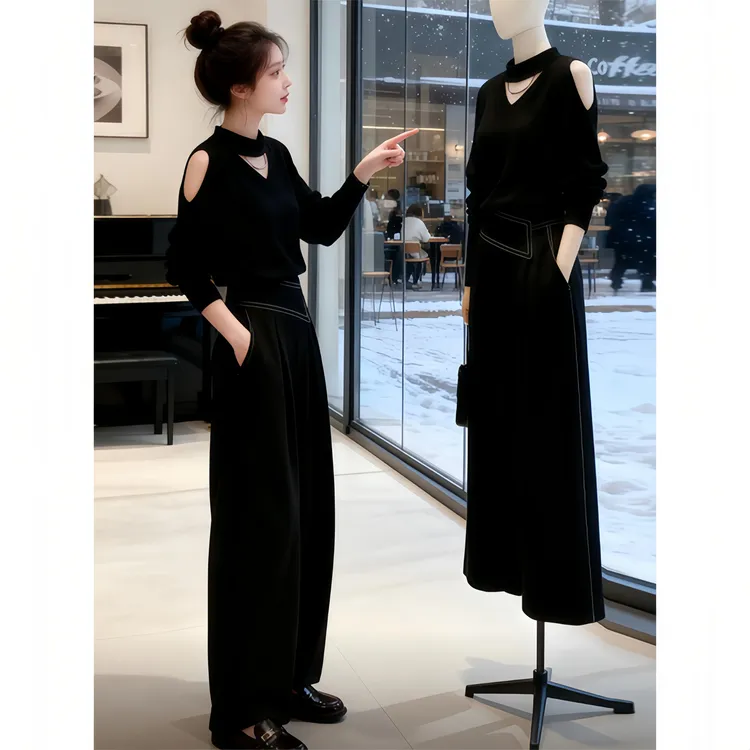 2025秋冬季新款百搭镂空漏肩针织上衣高腰阔腿长裤时尚套装女