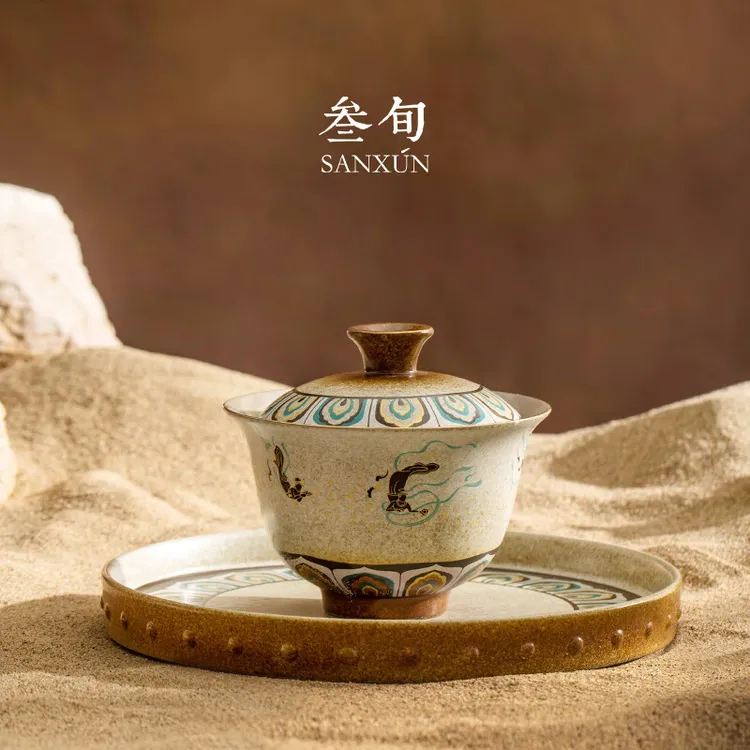叁旬敦煌文创飞天三才盖碗茶杯家用中式陶瓷单个泡茶碗三件套茶具