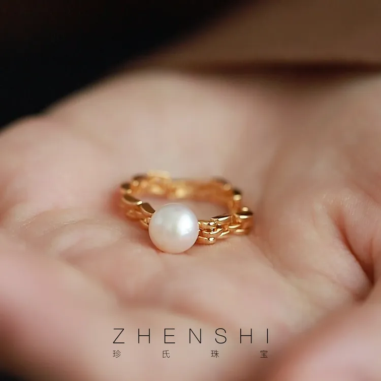珍氏珠宝 天然淡水珍珠戒指女 小众设计个性款戒链食指戒（圆舞曲）