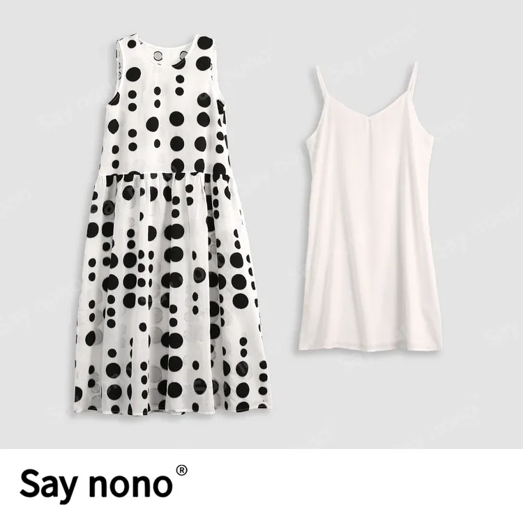 懒猫nono│Saynono 黑白大波点连衣裙+吊带背心套装/ZC10375