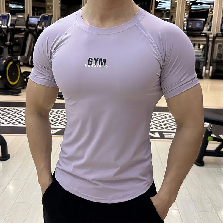 新款健身服男士冰丝运动短袖透气弹力速干T恤训练紧身衣潮流上衣