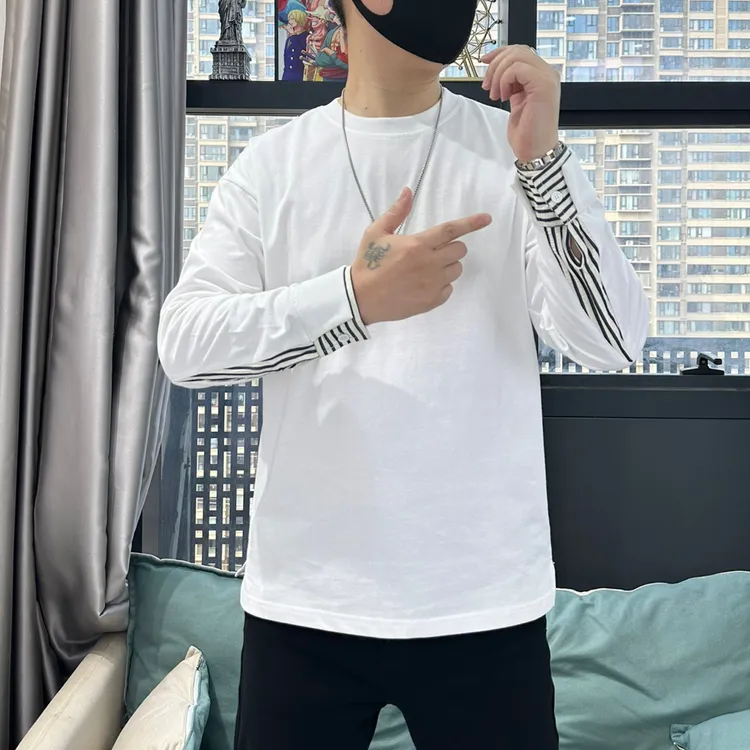 男士秋冬新款极简轻奢手袖拼接时尚百搭高级感纯色纯棉打底衫卫衣