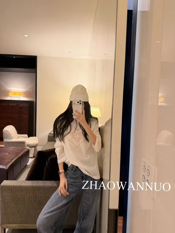 ZHAO WANNUO 丨 26早春重磅水洗棉麻爱心印花长T恤（四季款）WN0146