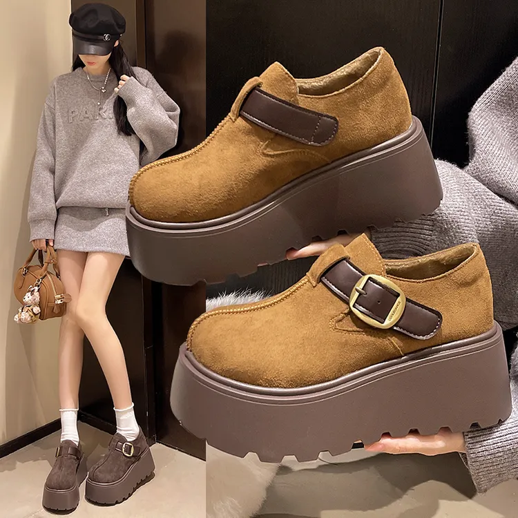 加绒厚底增高毛毛勃肯鞋女冬季保暖雪地靴一脚蹬时尚休闲复古棉鞋