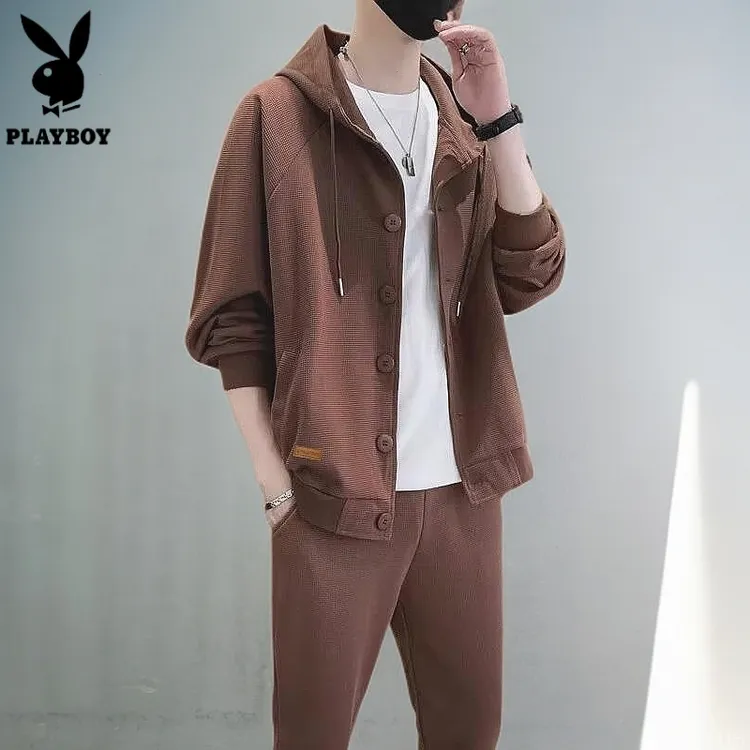 花花公子两件套新款运动长裤男秋季搭配潮流连帽卫衣休闲套装男士