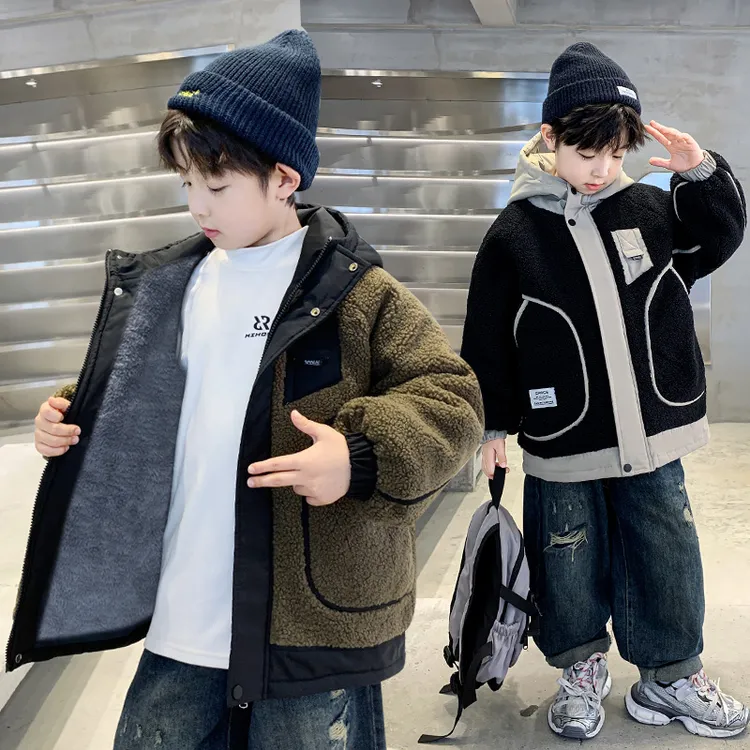 男拼色连帽休闲风纯色中长款外套韩版冬款男童男孩