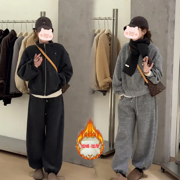 秋冬新款穿搭一整套时尚百搭加绒加厚卫衣外套+显瘦休闲裤套装女