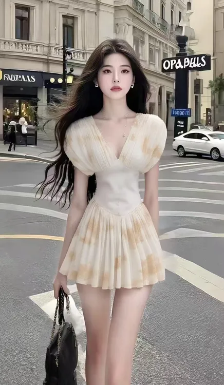 时尚气质名媛显瘦杏色V领收腰设计感连衣裙女甜美风少女感短裙