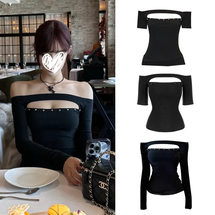 现货~2025欧美辣妹修身斜肩铆钉长袖上衣女秋季显瘦百搭收腰T恤