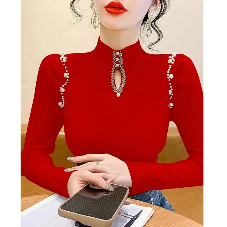 新中式钉珠毛衣打底衫女秋冬设计感内搭高领珍珠长袖针织衫上衣女