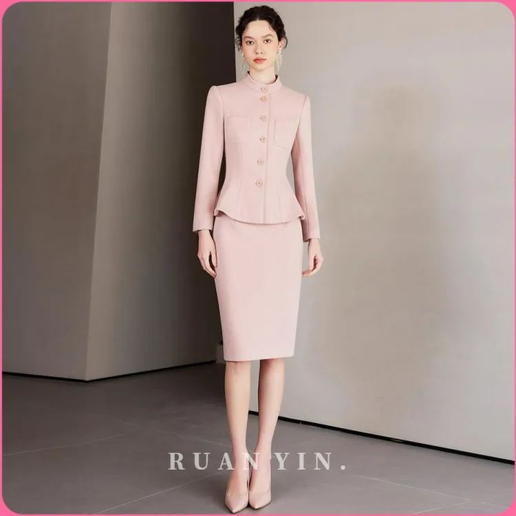 RUAN YIN高级感西装套裙主持人正装粉色小香风套装职业装医美接待