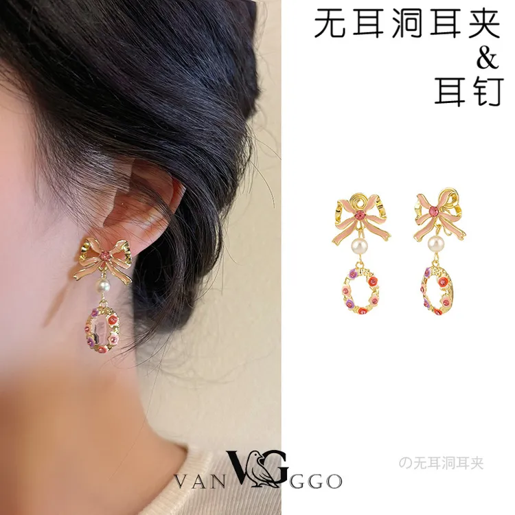 合金耳饰 V&G无耳洞耳夹超仙粉色蝴蝶结耳饰少女心甜美气质耳钉