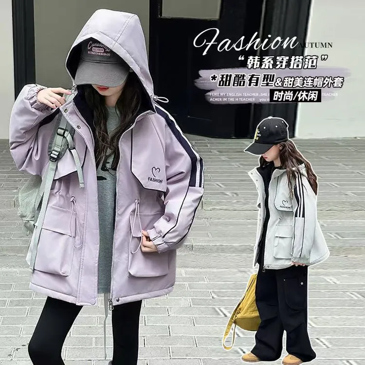 女童秋冬款夹棉加厚收腰冲锋衣外套女大童时髦洋气儿童休闲秋装潮