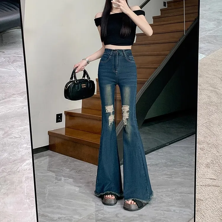 时尚设计感复古毛边破洞微喇叭牛仔裤女秋季高腰气质鱼尾拖地长裤