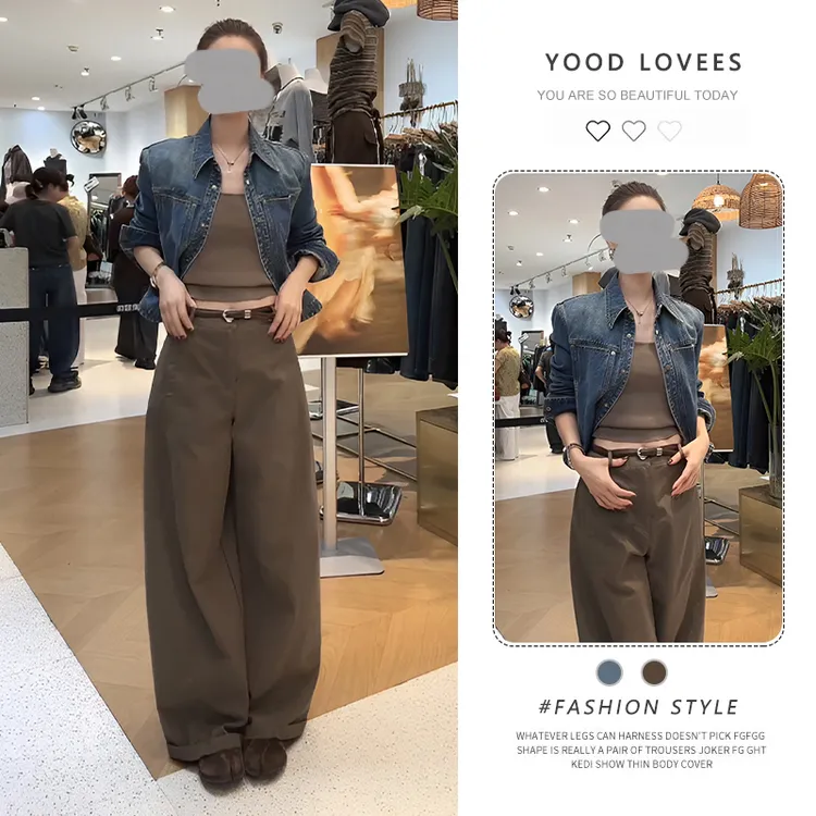 时尚牛仔上衣春秋新款休闲宽松显瘦百搭翻领外套阔腿裤女两件套潮