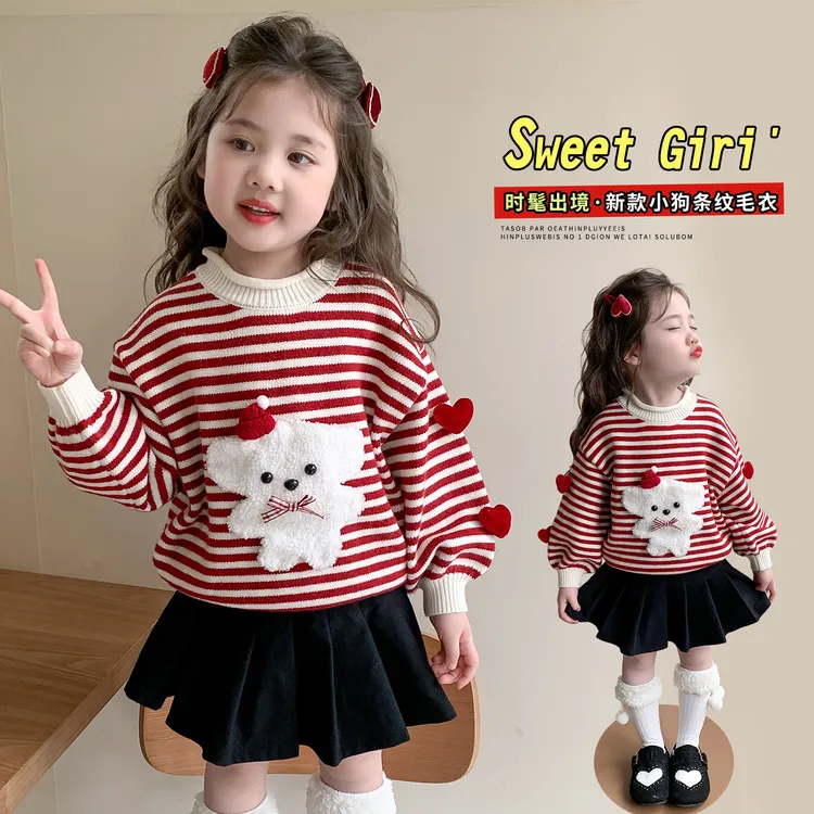 女童卡通毛衣儿童秋冬装新款圣诞礼物新年装女宝宝冬季红色针织衫