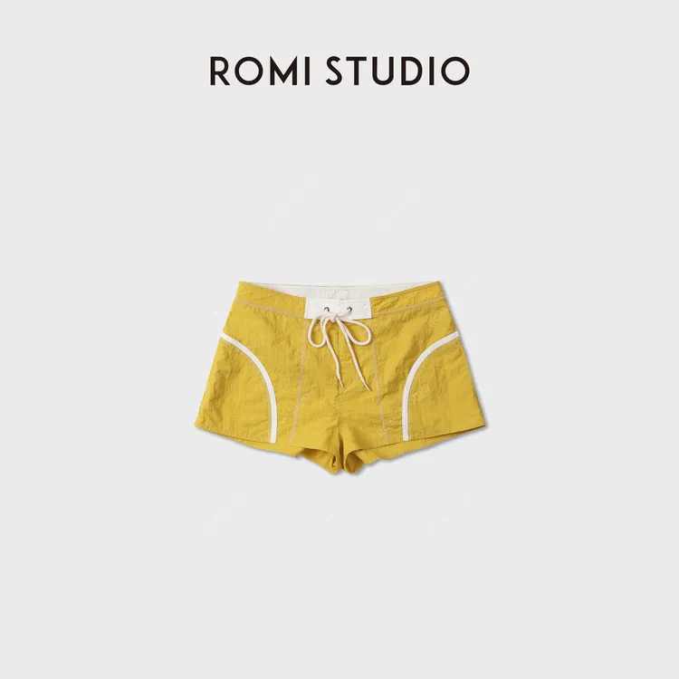 ROMI STUDIO轻薄透气休闲运动风撞色解构线抽绳黄短裤RWDRXF3280