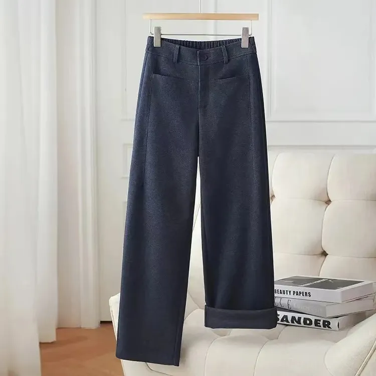 门店3&9/9！厚皮休闲裤」毛呢混纺简约通勤百搭直筒阔腿裤女 C25316