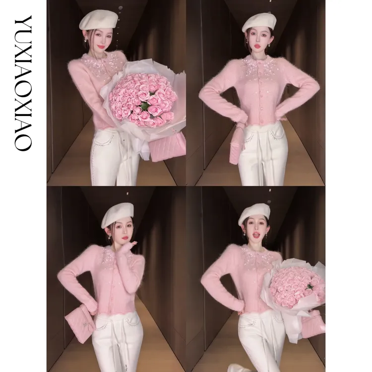 余潇潇【樱花降落】羊驼毛羊毛混纺珠片水钻立体花朵羊毛衫圆领开衫