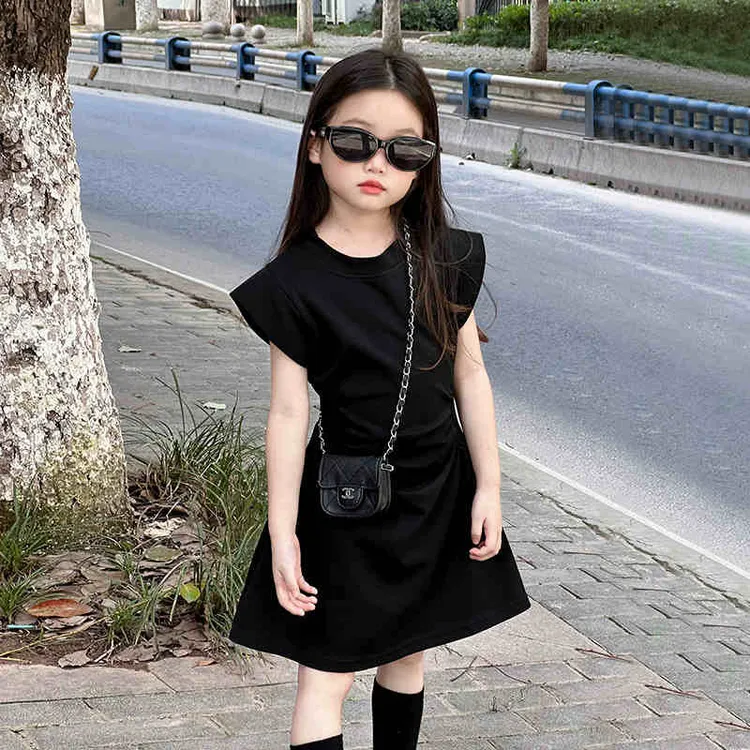 MIUMUWU法式高级感收腰显瘦连衣裙女童夏季新款甜美风圆领a字裙