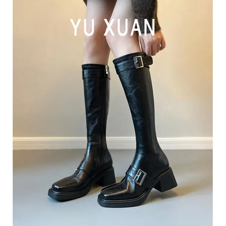 羊皮版~真皮金属扣厚底不过膝长靴粗跟长筒靴女高筒瘦瘦靴骑士靴