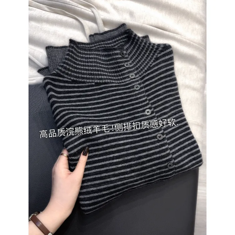 高品质浣熊绒羊毛~高级显瘦侧排扣时尚毛针织衫（衣长58 胸围53