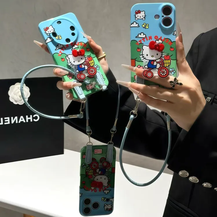可爱单车kitty支架适用苹果17挂绳手机壳iPhone华为vivo小米oppo
