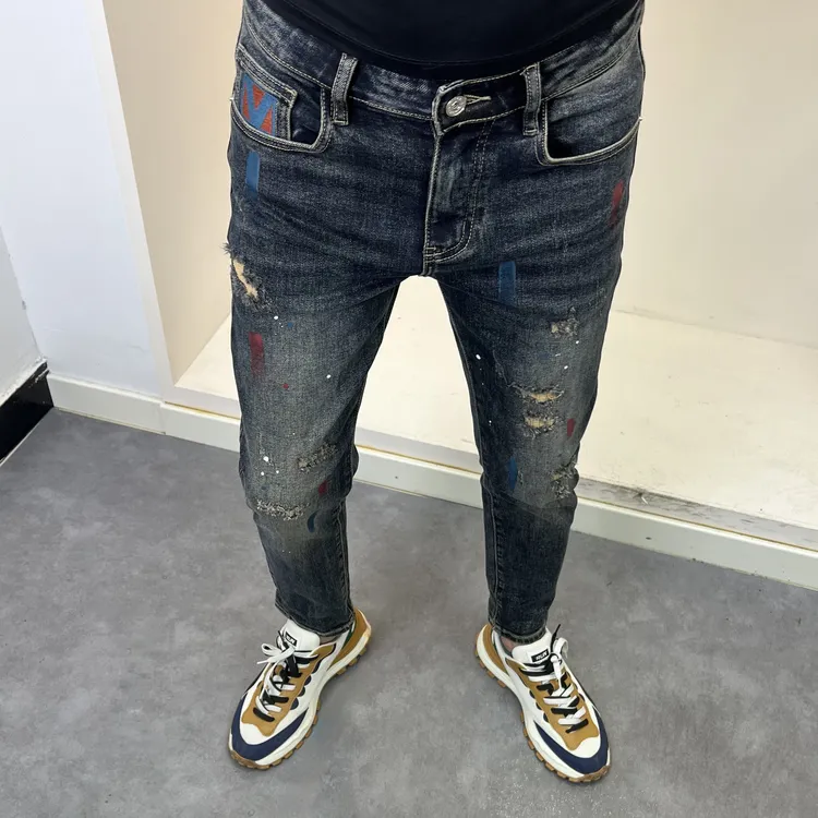 8665秋季新款深蓝色假破洞泼墨修身小脚男牛仔裤时尚百搭潮流个性