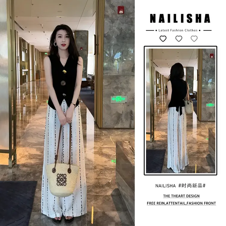 2025新款夏季法式法式时尚减龄无袖背心上衣百搭高腰休闲裤两件套