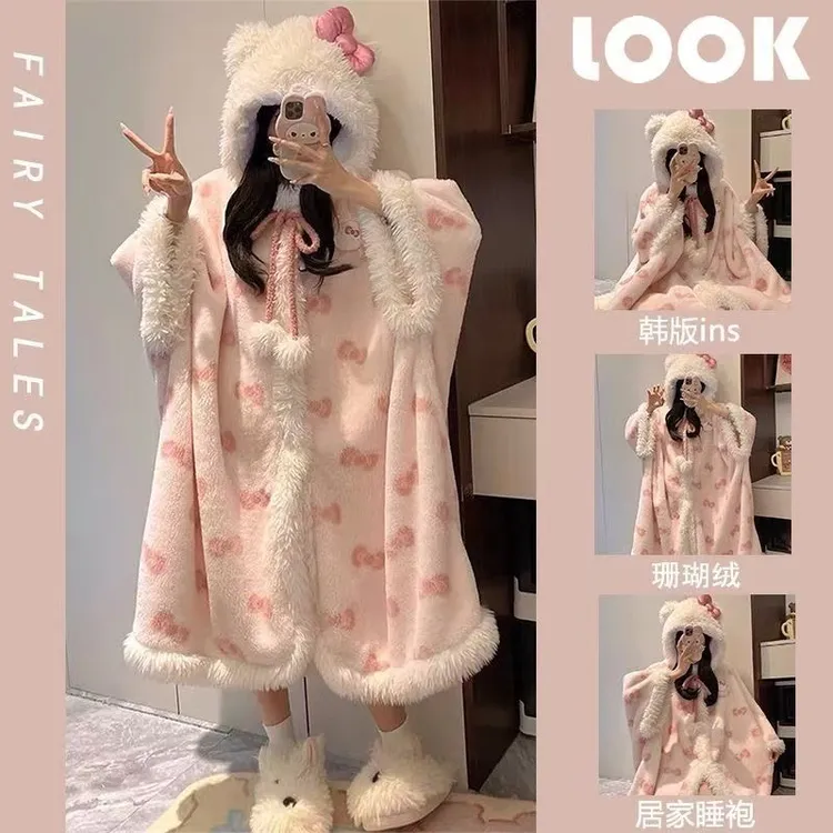 冬季毛绒连帽可爱少女凯蒂猫睡裙斗篷家居服女珊瑚绒加厚保暖睡袍