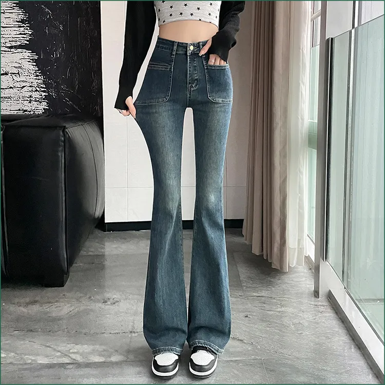 水泥灰微喇牛仔裤女2025春季新款高腰瘦弹力修身拖地喇叭裤女